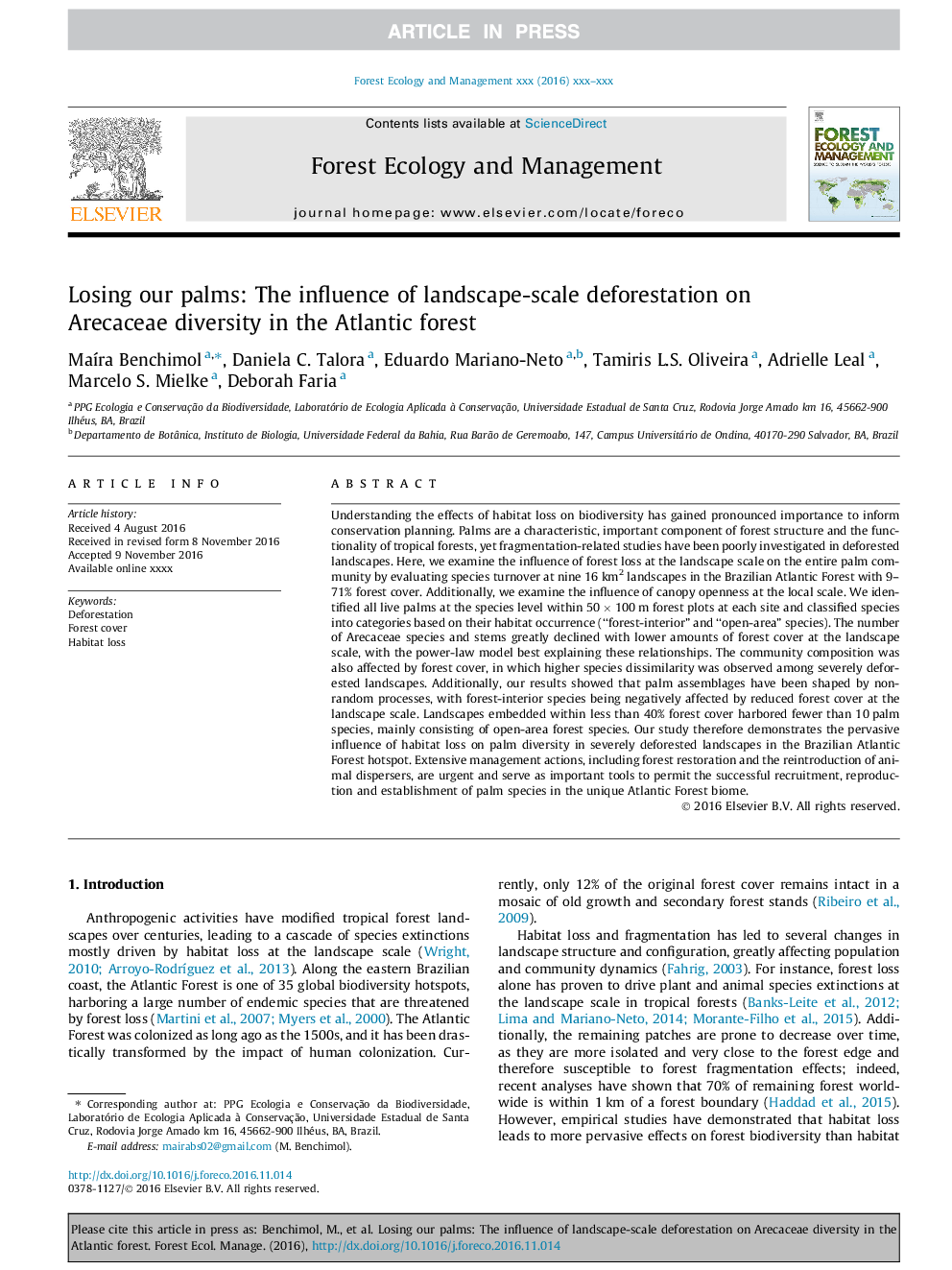 Losing our palms: The influence of landscape-scale deforestation on Arecaceae diversity in the Atlantic forest