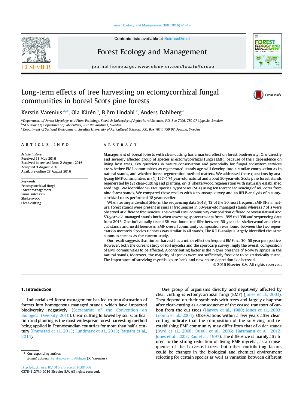 Long-term effects of tree harvesting on ectomycorrhizal fungal communities in boreal Scots pine forests