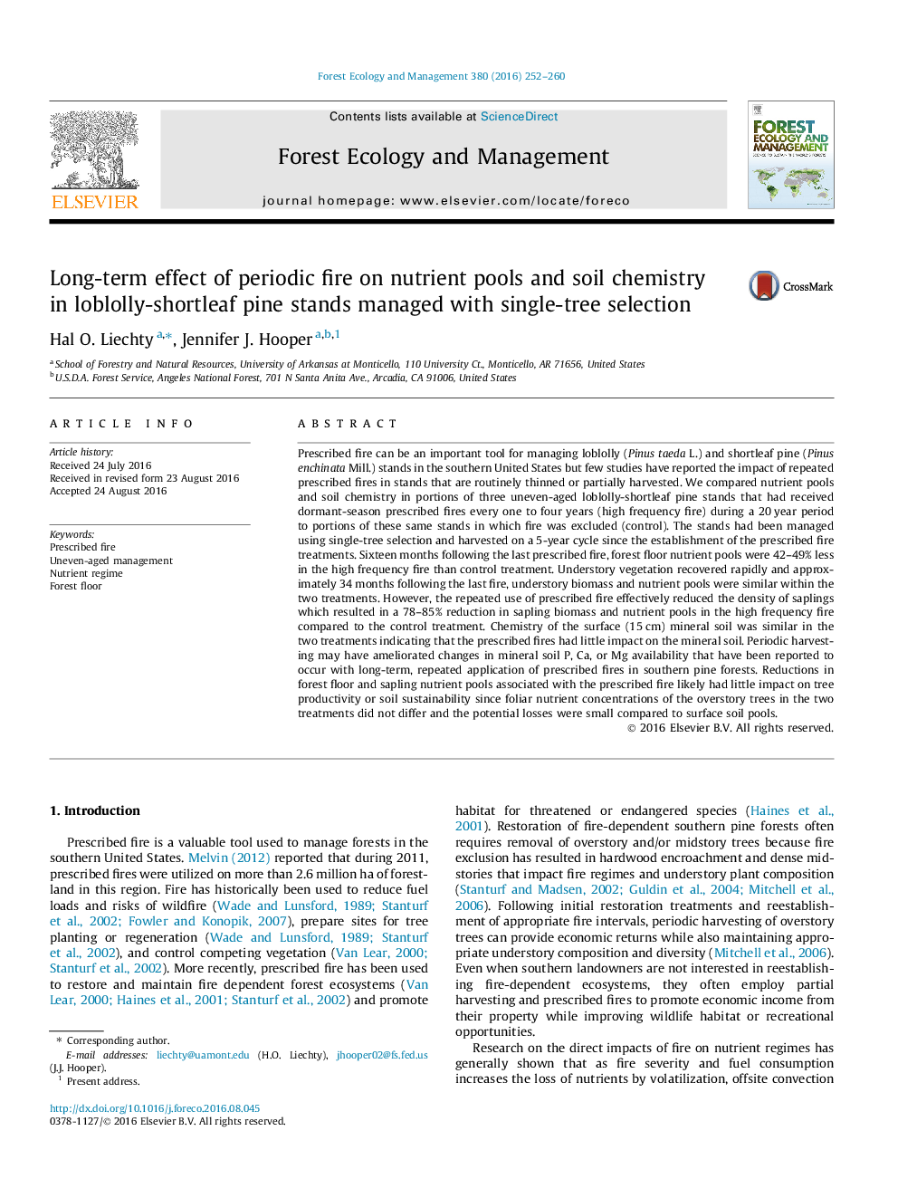 Long-term effect of periodic fire on nutrient pools and soil chemistry in loblolly-shortleaf pine stands managed with single-tree selection