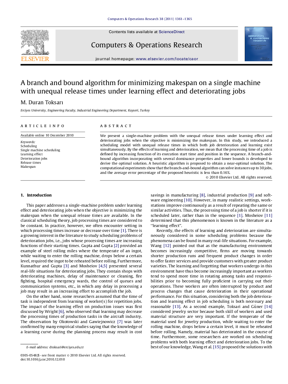 A branch and bound algorithm for minimizing makespan on a single machine with unequal release times under learning effect and deteriorating jobs