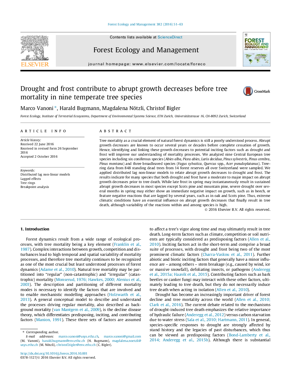 Drought and frost contribute to abrupt growth decreases before tree mortality in nine temperate tree species