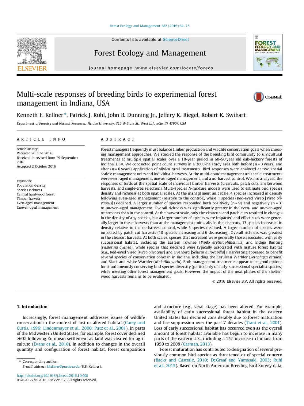 Multi-scale responses of breeding birds to experimental forest management in Indiana, USA