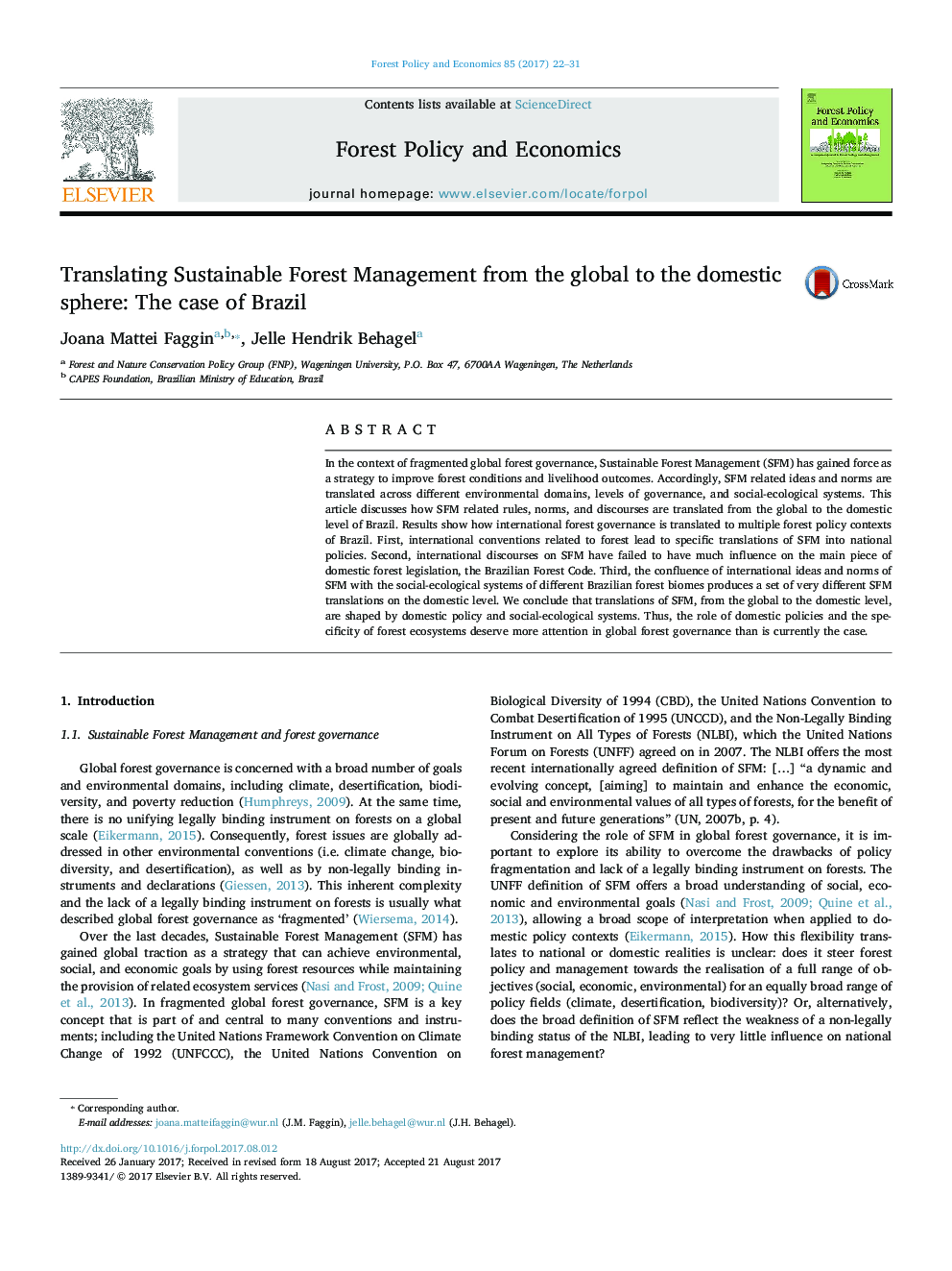 Translating Sustainable Forest Management from the global to the domestic sphere: The case of Brazil