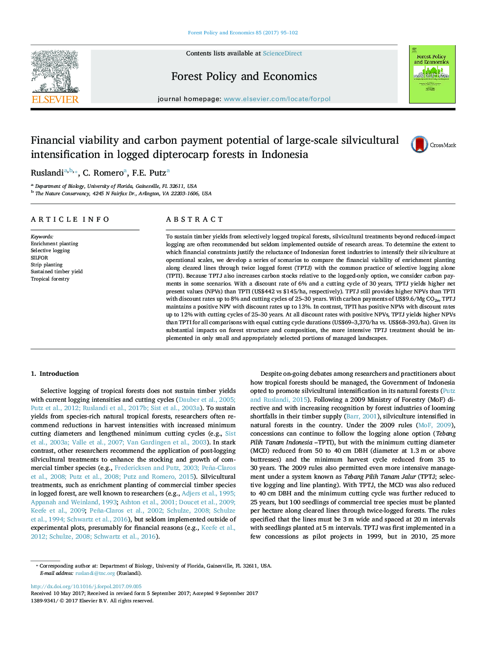 Financial viability and carbon payment potential of large-scale silvicultural intensification in logged dipterocarp forests in Indonesia