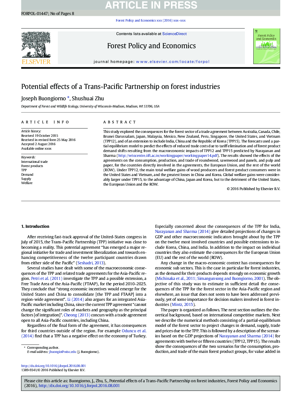 Potential effects of a Trans-Pacific Partnership on forest industries