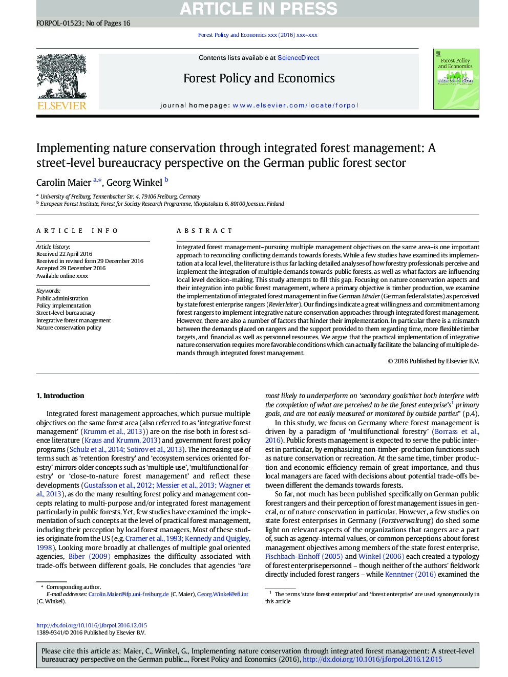 Implementing nature conservation through integrated forest management: A street-level bureaucracy perspective on the German public forest sector