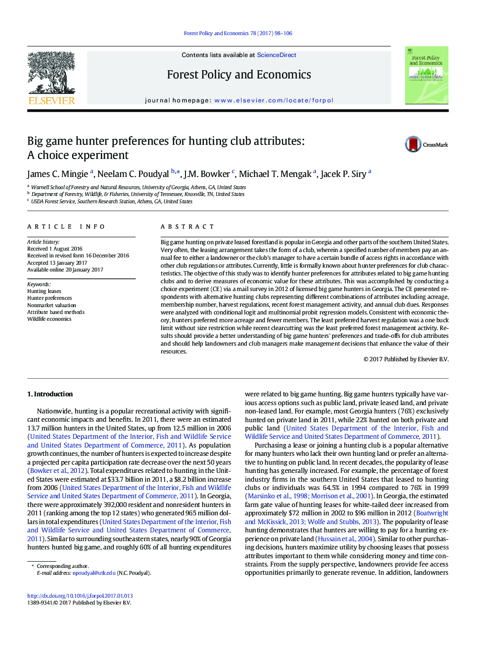 Big game hunter preferences for hunting club attributes: A choice experiment