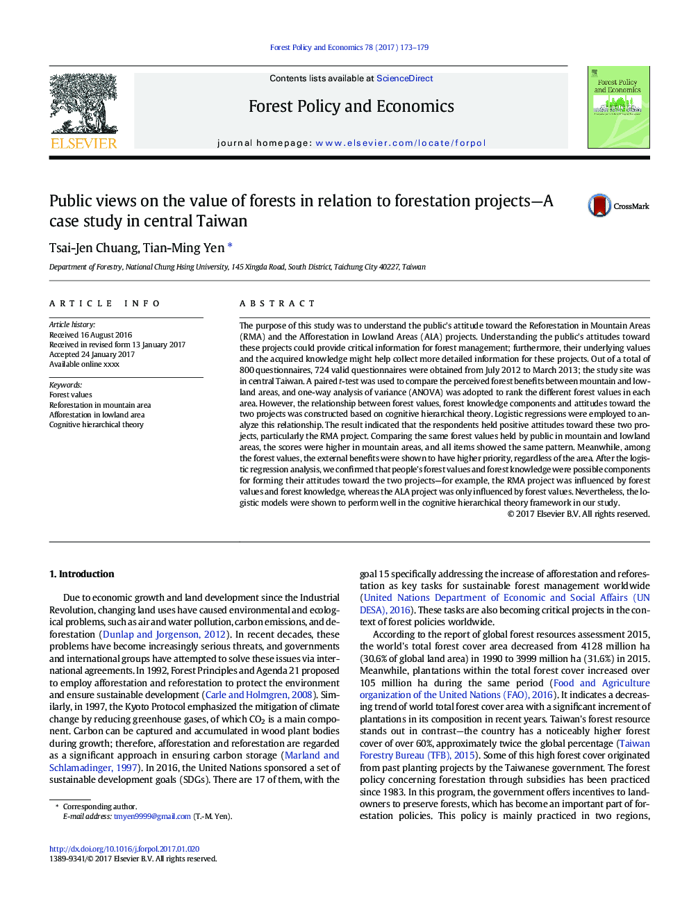 Public views on the value of forests in relation to forestation projects-A case study in central Taiwan