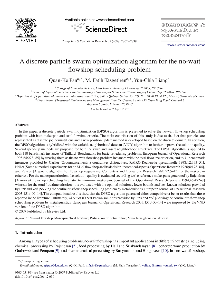 A discrete particle swarm optimization algorithm for the no-wait flowshop scheduling problem