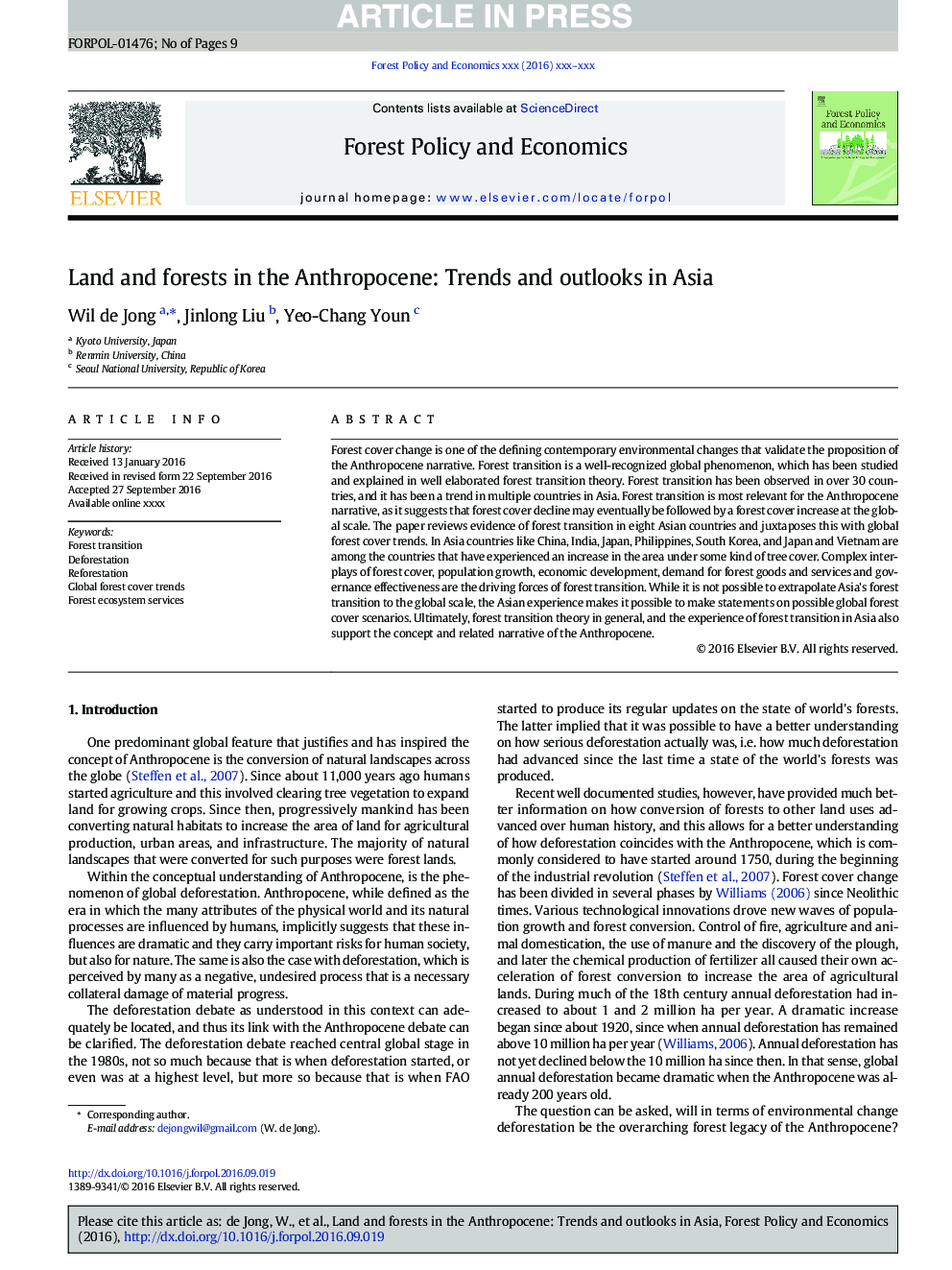 Land and forests in the Anthropocene: Trends and outlooks in Asia