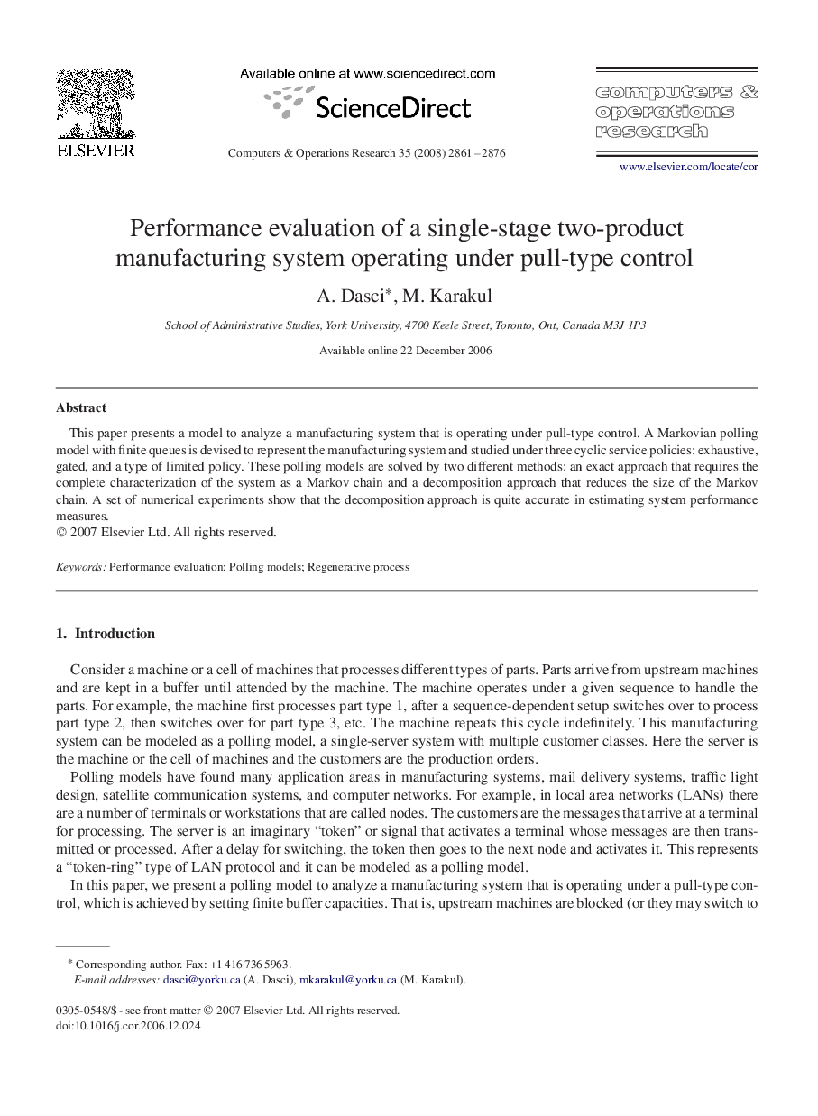 Performance evaluation of a single-stage two-product manufacturing system operating under pull-type control