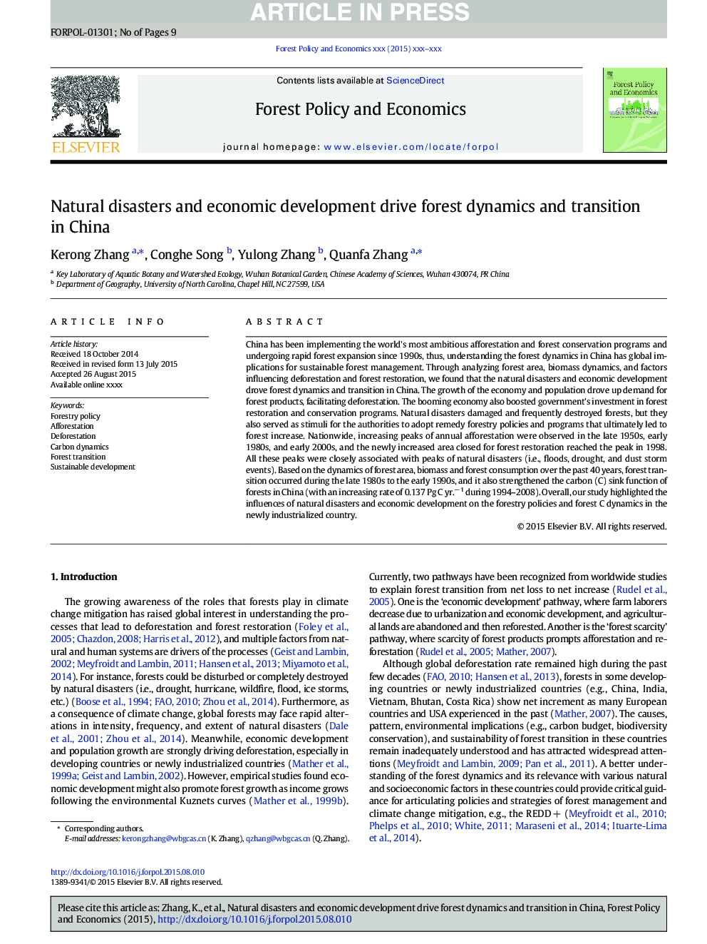 Natural disasters and economic development drive forest dynamics and transition in China