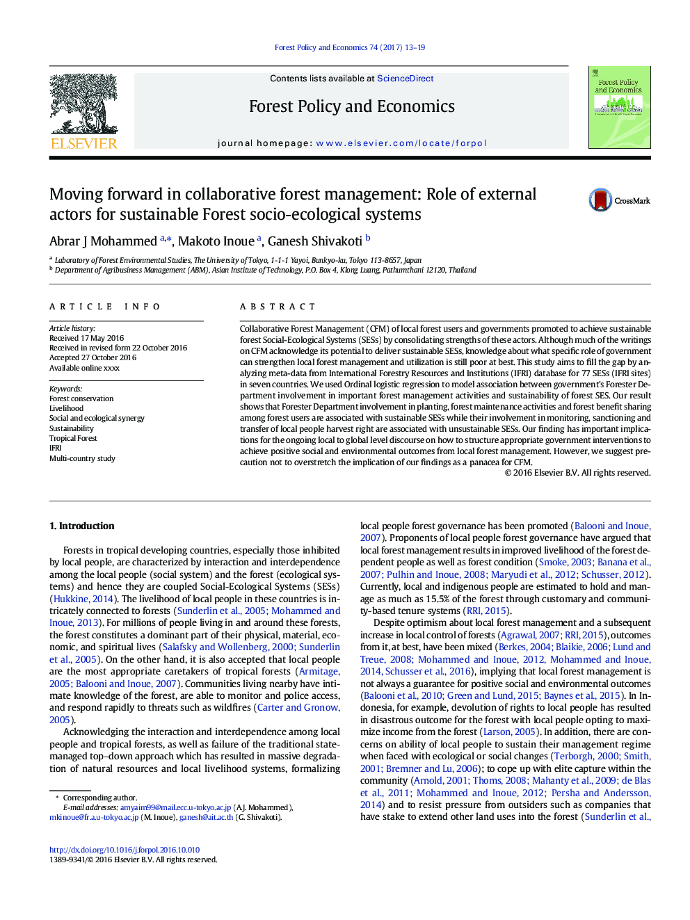 Moving forward in collaborative forest management: Role of external actors for sustainable Forest socio-ecological systems