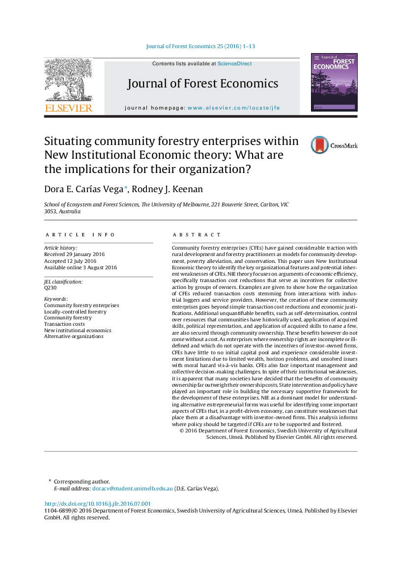 Situating community forestry enterprises within New Institutional Economic theory: What are the implications for their organization?