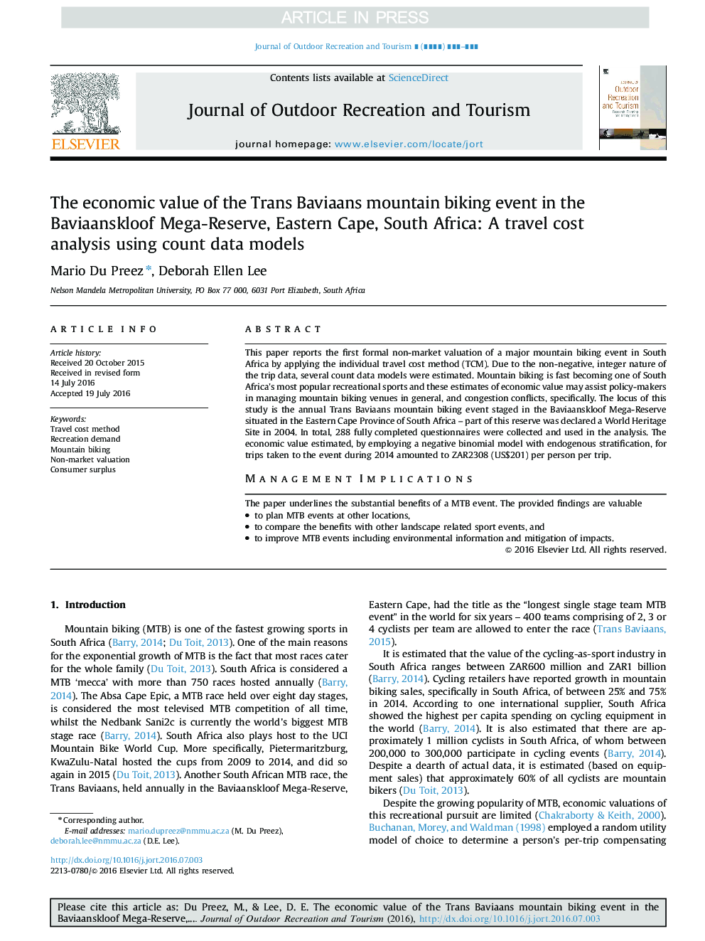 The economic value of the Trans Baviaans mountain biking event in the Baviaanskloof Mega-Reserve, Eastern Cape, South Africa: A travel cost analysis using count data models