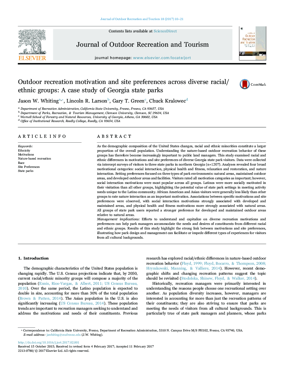 Outdoor recreation motivation and site preferences across diverse racial/ethnic groups: A case study of Georgia state parks