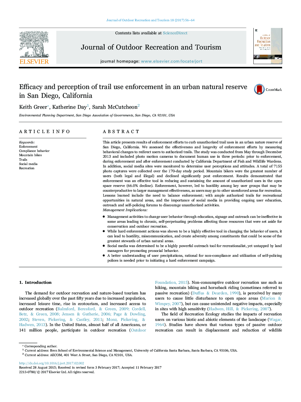 Efficacy and perception of trail use enforcement in an urban natural reserve in San Diego, California