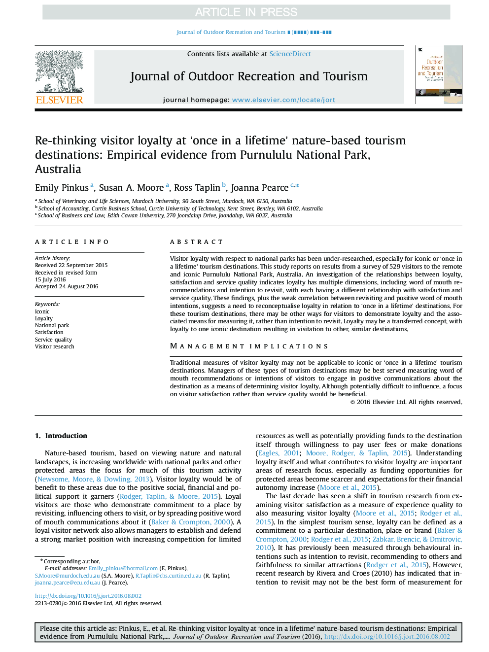 Re-thinking visitor loyalty at ‘once in a lifetime’ nature-based tourism destinations: Empirical evidence from Purnululu National Park, Australia