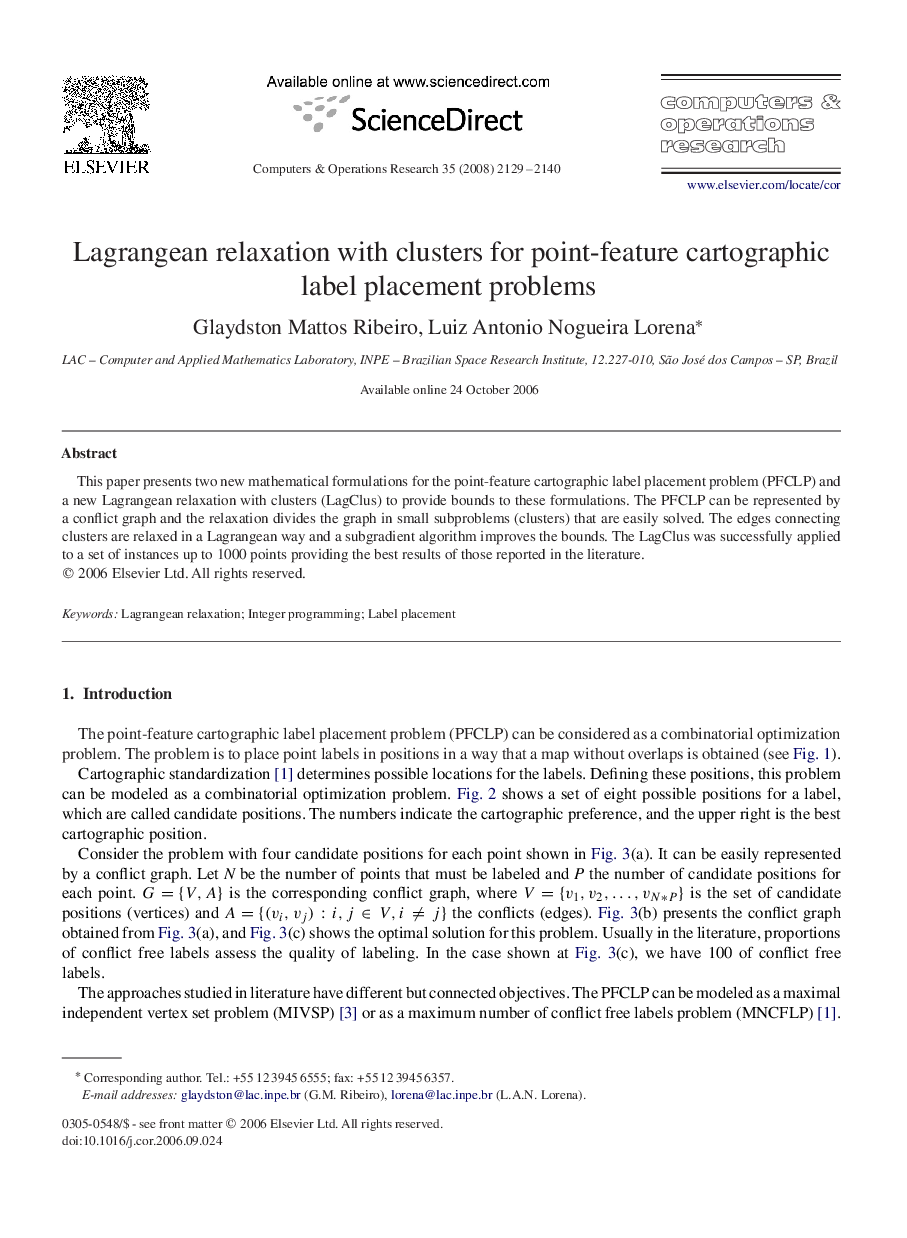 Lagrangean relaxation with clusters for point-feature cartographic label placement problems