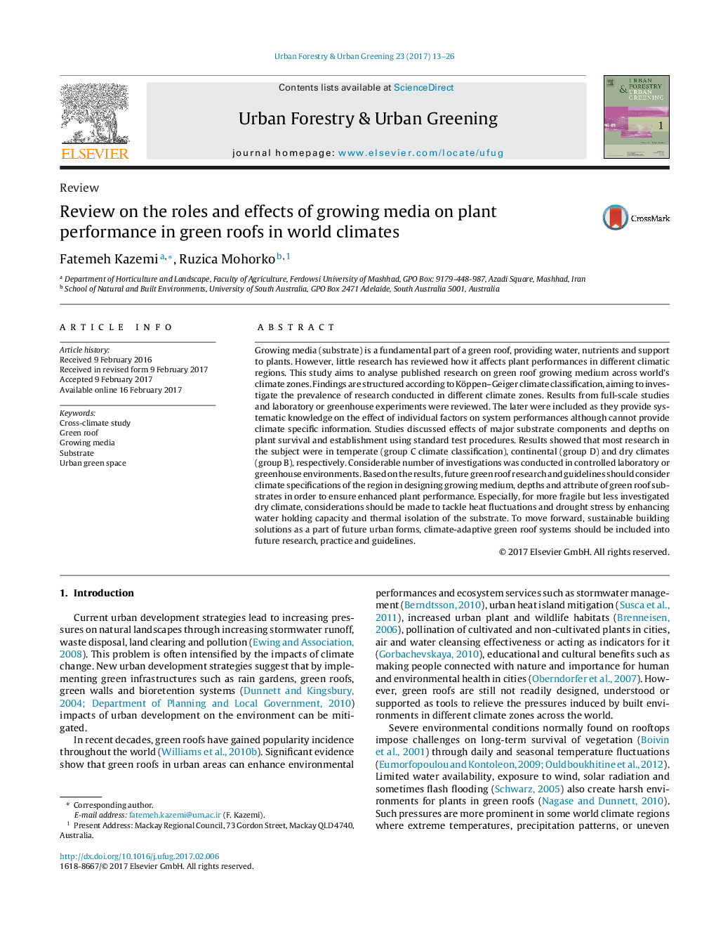 ReviewReview on the roles and effects of growing media on plant performance in green roofs in world climates