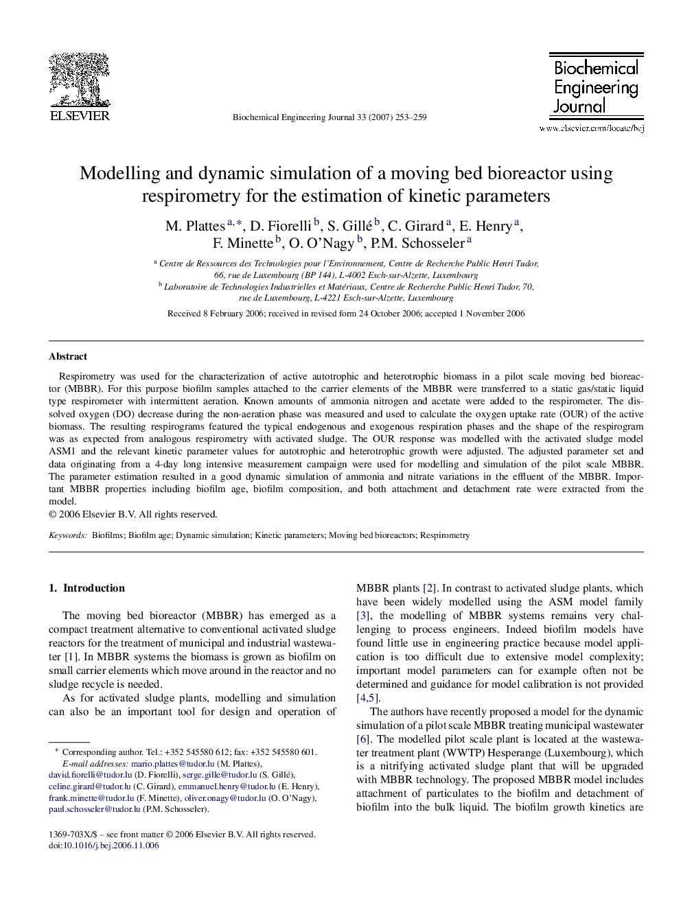 Modelling and dynamic simulation of a moving bed bioreactor using respirometry for the estimation of kinetic parameters