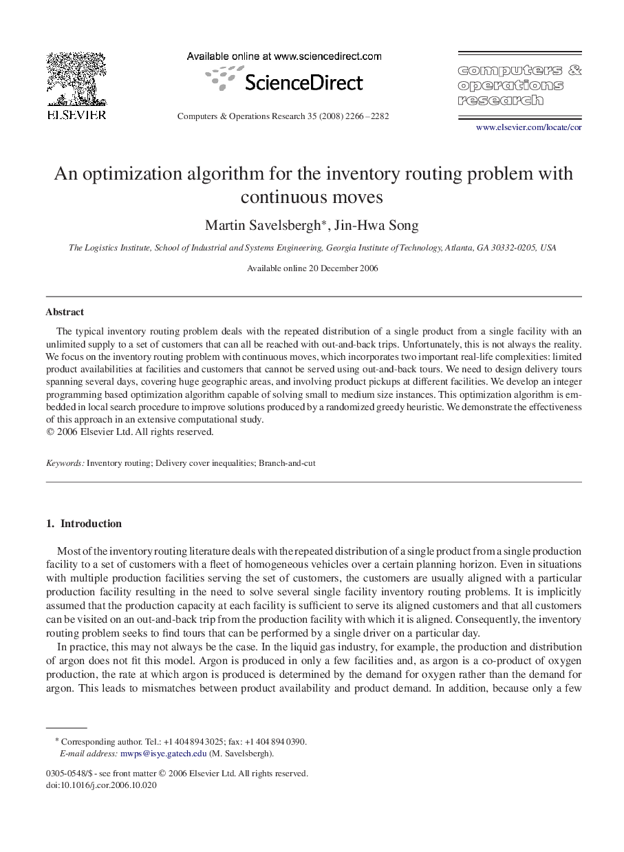 An optimization algorithm for the inventory routing problem with continuous moves