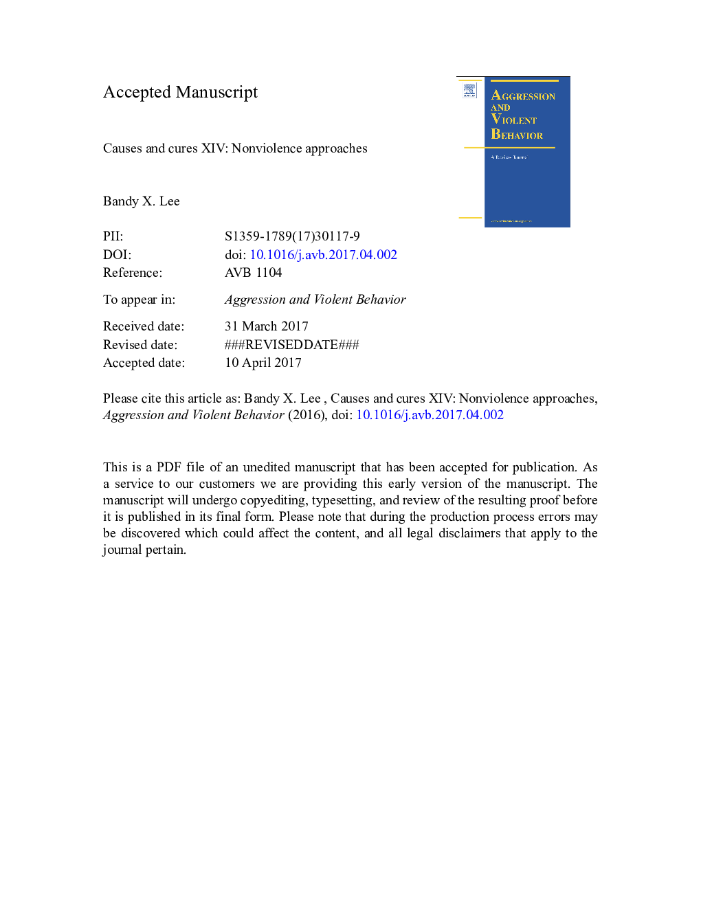 عکس صفحه اول مقاله: Causes and cures XIV: Nonviolence approaches Causes and cures XIV: Nonviolence approaches