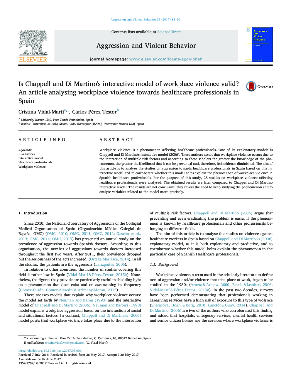 Is Chappell and Di Martino's interactive model of workplace violence valid? An article analysing workplace violence towards healthcare professionals in Spain