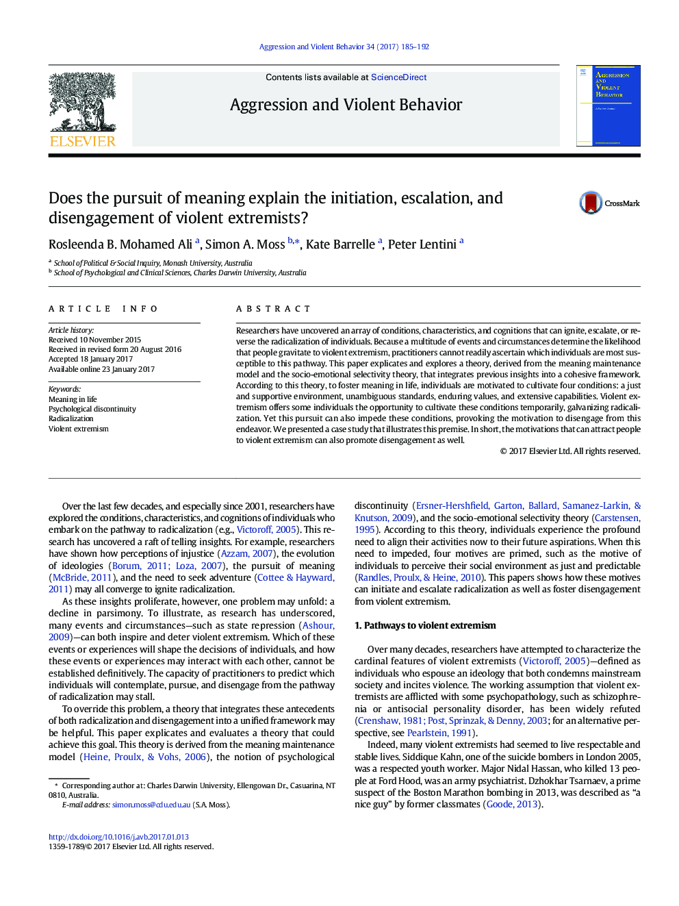 Does the pursuit of meaning explain the initiation, escalation, and disengagement of violent extremists?