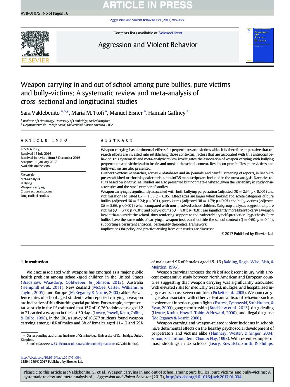 Weapon carrying in and out of school among pure bullies, pure victims and bully-victims: A systematic review and meta-analysis of cross-sectional and longitudinal studies