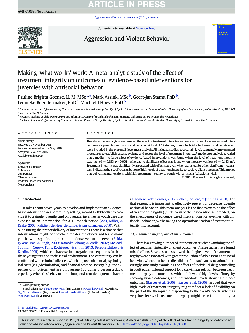 Making 'what works' work: A meta-analytic study of the effect of treatment integrity on outcomes of evidence-based interventions for juveniles with antisocial behavior