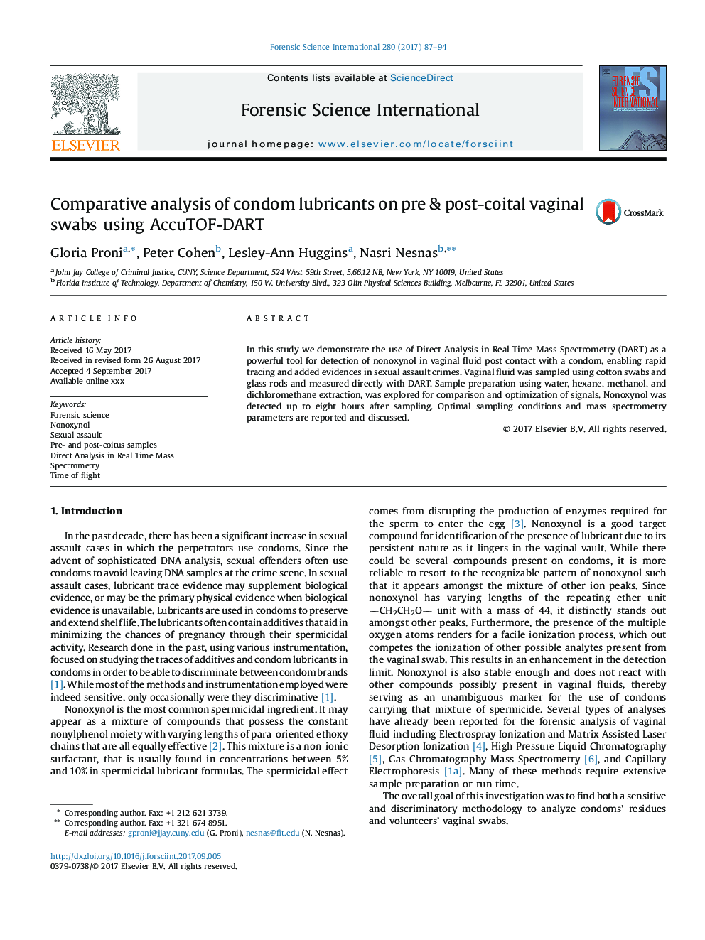 Comparative analysis of condom lubricants on pre & post-coital vaginal swabs using AccuTOF-DART