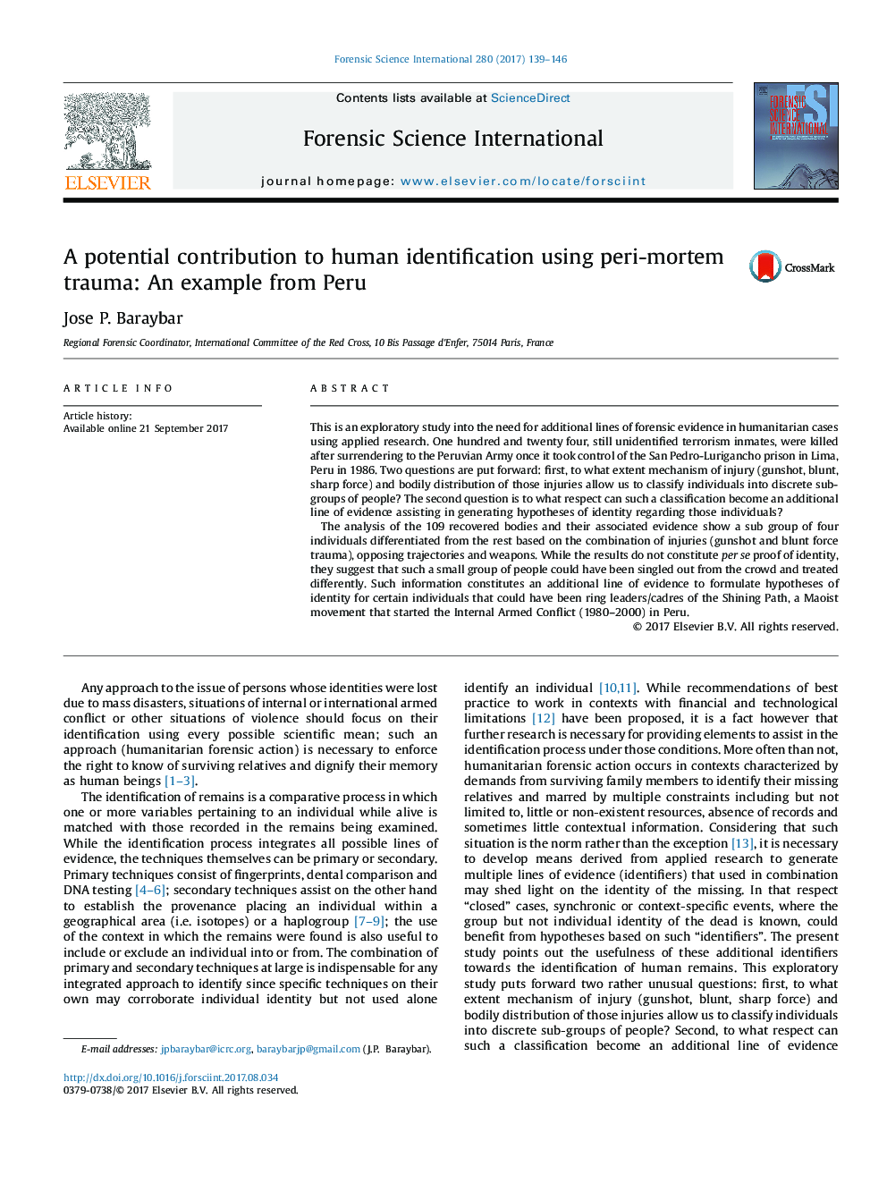 A potential contribution to human identification using peri-mortem trauma: An example from Peru