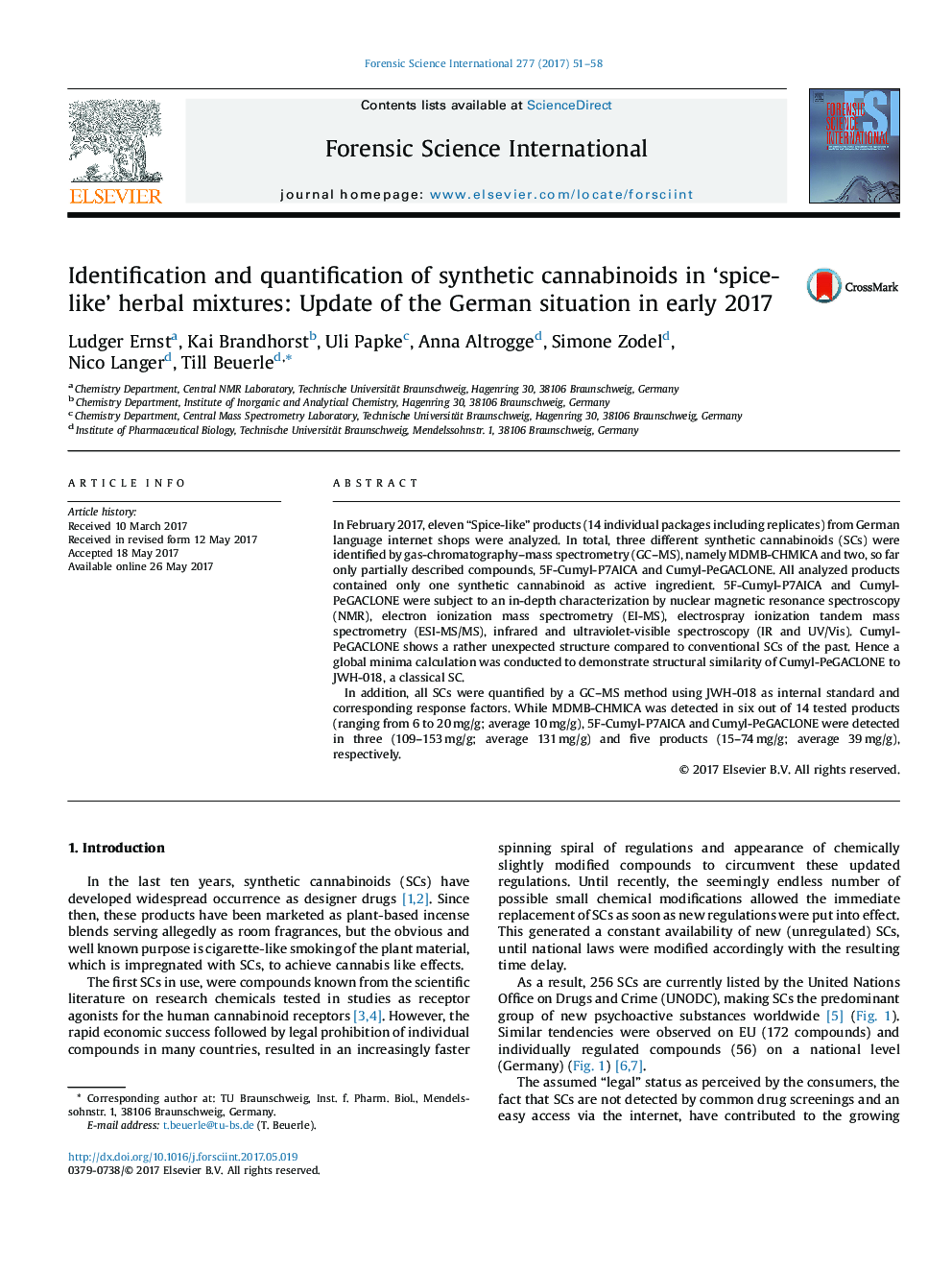 Identification and quantification of synthetic cannabinoids in 'spice-like' herbal mixtures: Update of the German situation in early 2017