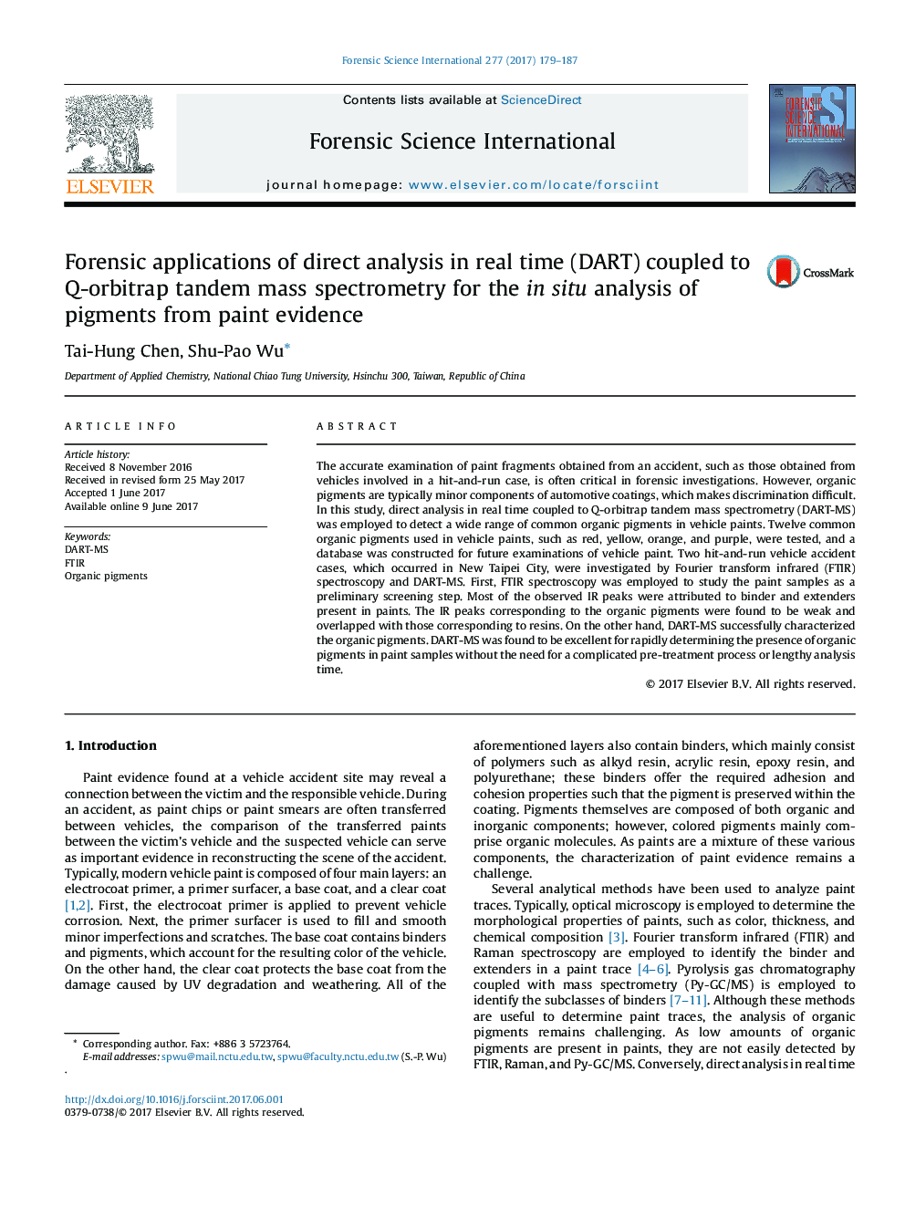 Forensic applications of direct analysis in real time (DART) coupled to Q-orbitrap tandem mass spectrometry for the in situ analysis of pigments from paint evidence