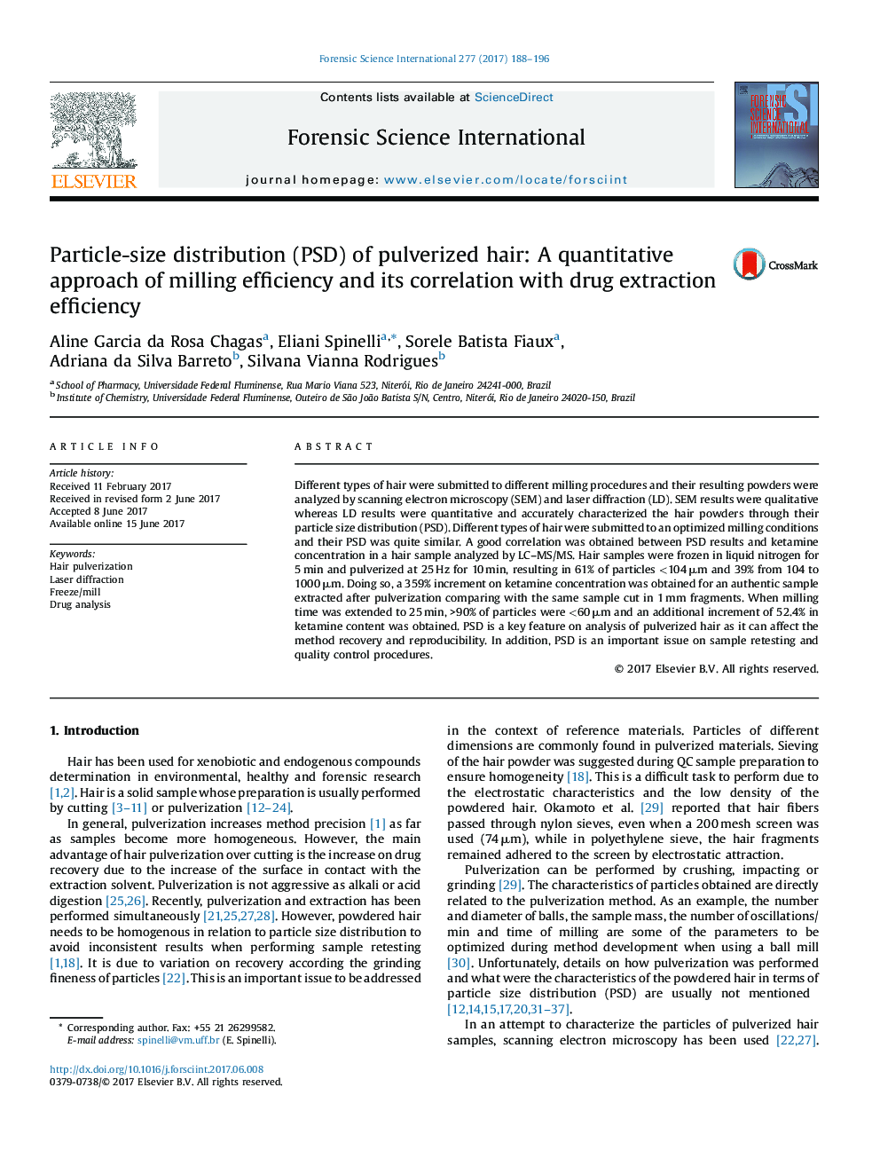 Particle-size distribution (PSD) of pulverized hair: A quantitative approach of milling efficiency and its correlation with drug extraction efficiency