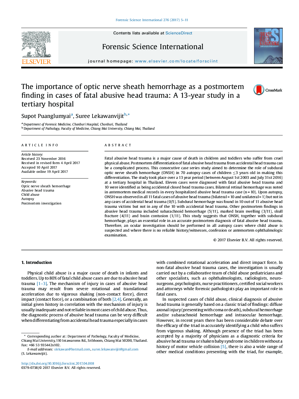 The importance of optic nerve sheath hemorrhage as a postmortem finding in cases of fatal abusive head trauma: A 13-year study in a tertiary hospital