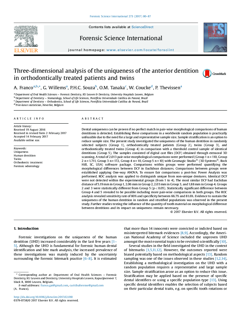 Three-dimensional analysis of the uniqueness of the anterior dentition in orthodontically treated patients and twins