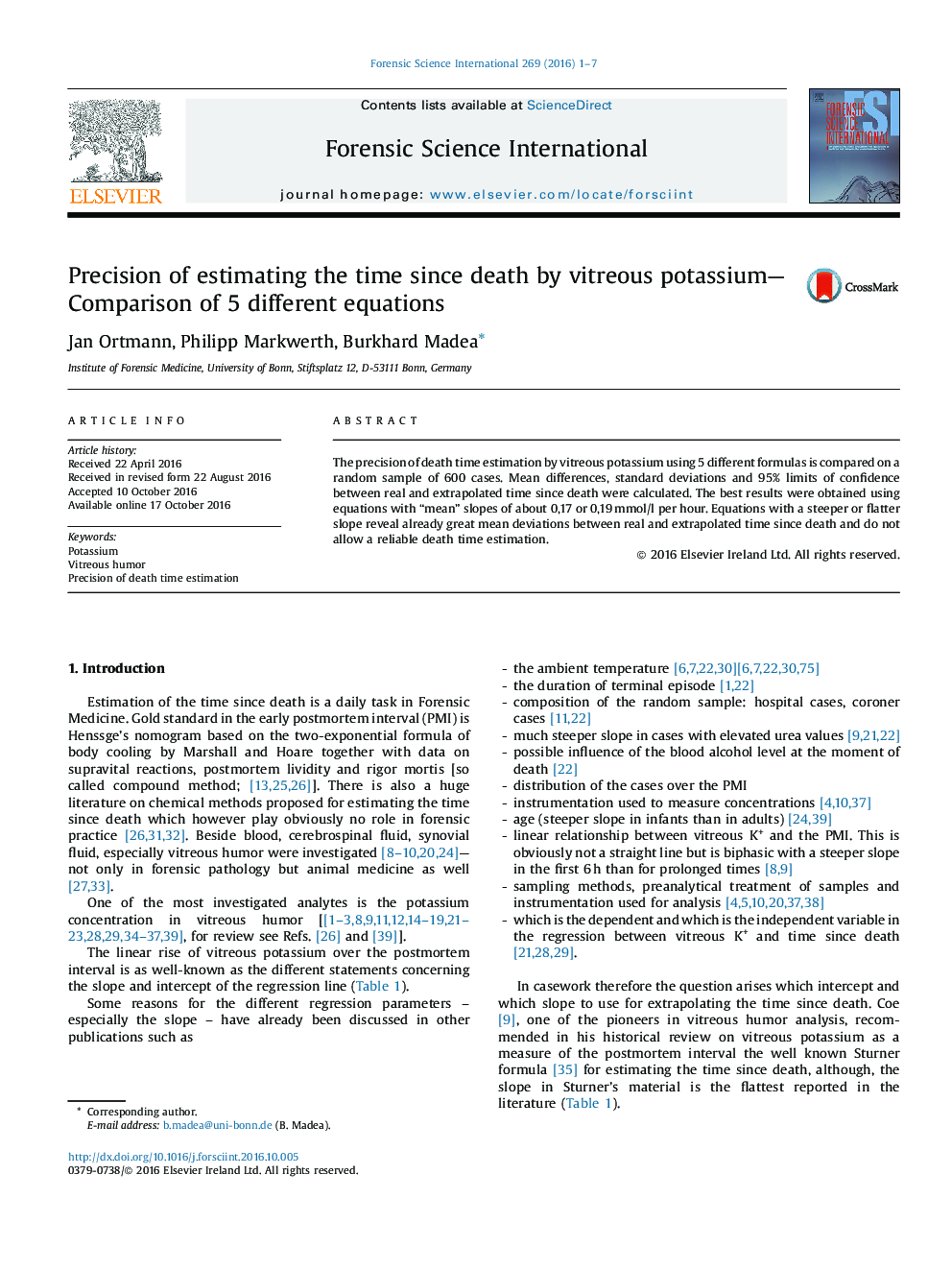 Precision of estimating the time since death by vitreous potassium-Comparison of 5 different equations