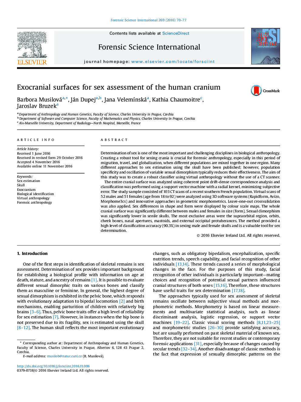 Exocranial surfaces for sex assessment of the human cranium