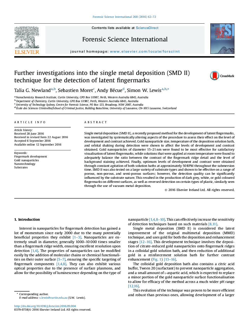 Further investigations into the single metal deposition (SMD II) technique for the detection of latent fingermarks