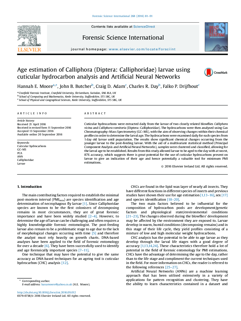 عکس صفحه اول مقاله: Age estimation of Calliphora (Diptera: Calliphoridae) larvae using cuticular hydrocarbon analysis and Artificial Neural Networks Age estimation of Calliphora (Diptera: Calliphoridae) larvae using cuticular hydrocarbon analysis and Artificial Neural Networks
