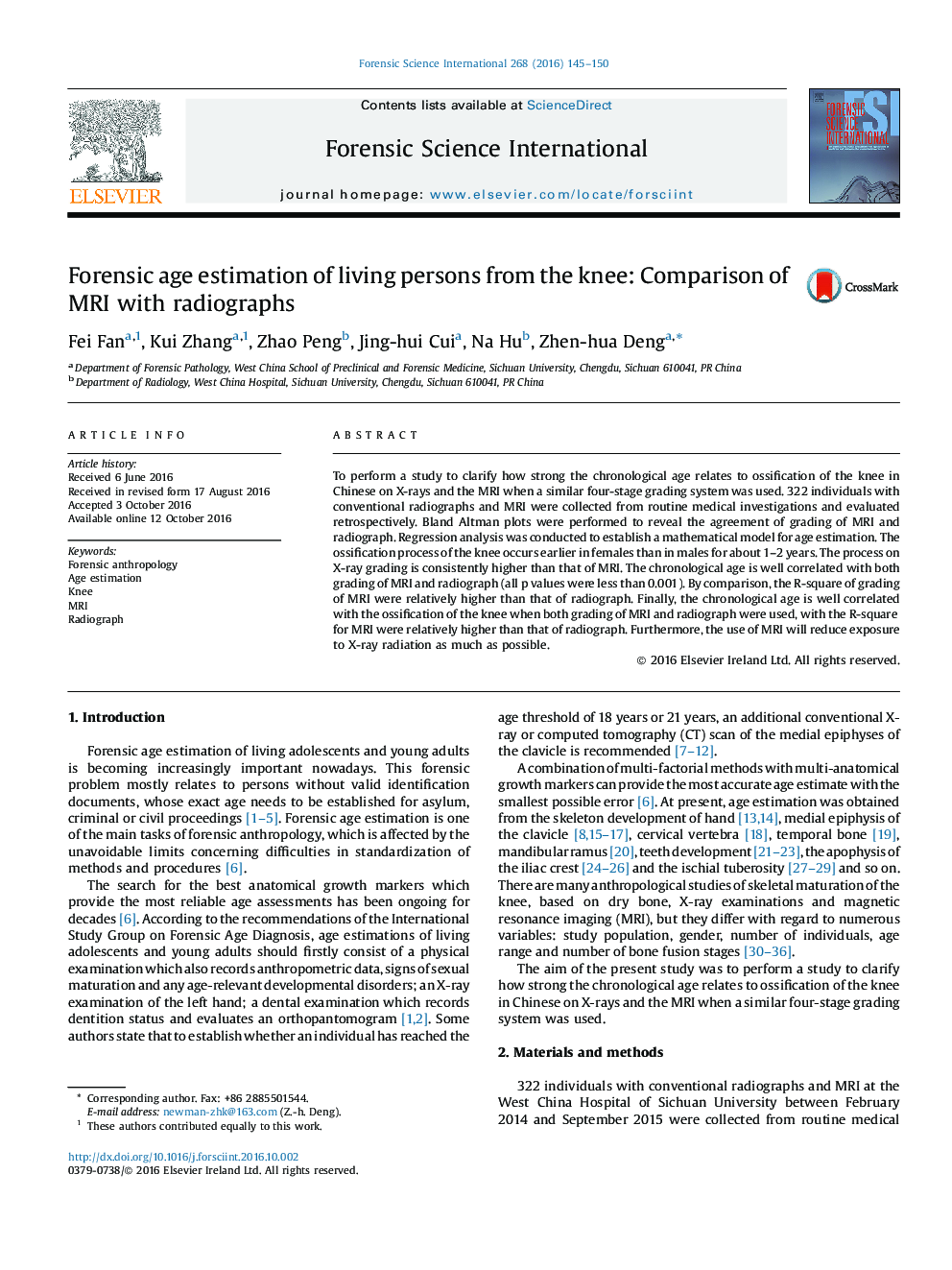عکس صفحه اول مقاله: Forensic age estimation of living persons from the knee: Comparison of MRI with radiographs Forensic age estimation of living persons from the knee: Comparison of MRI with radiographs