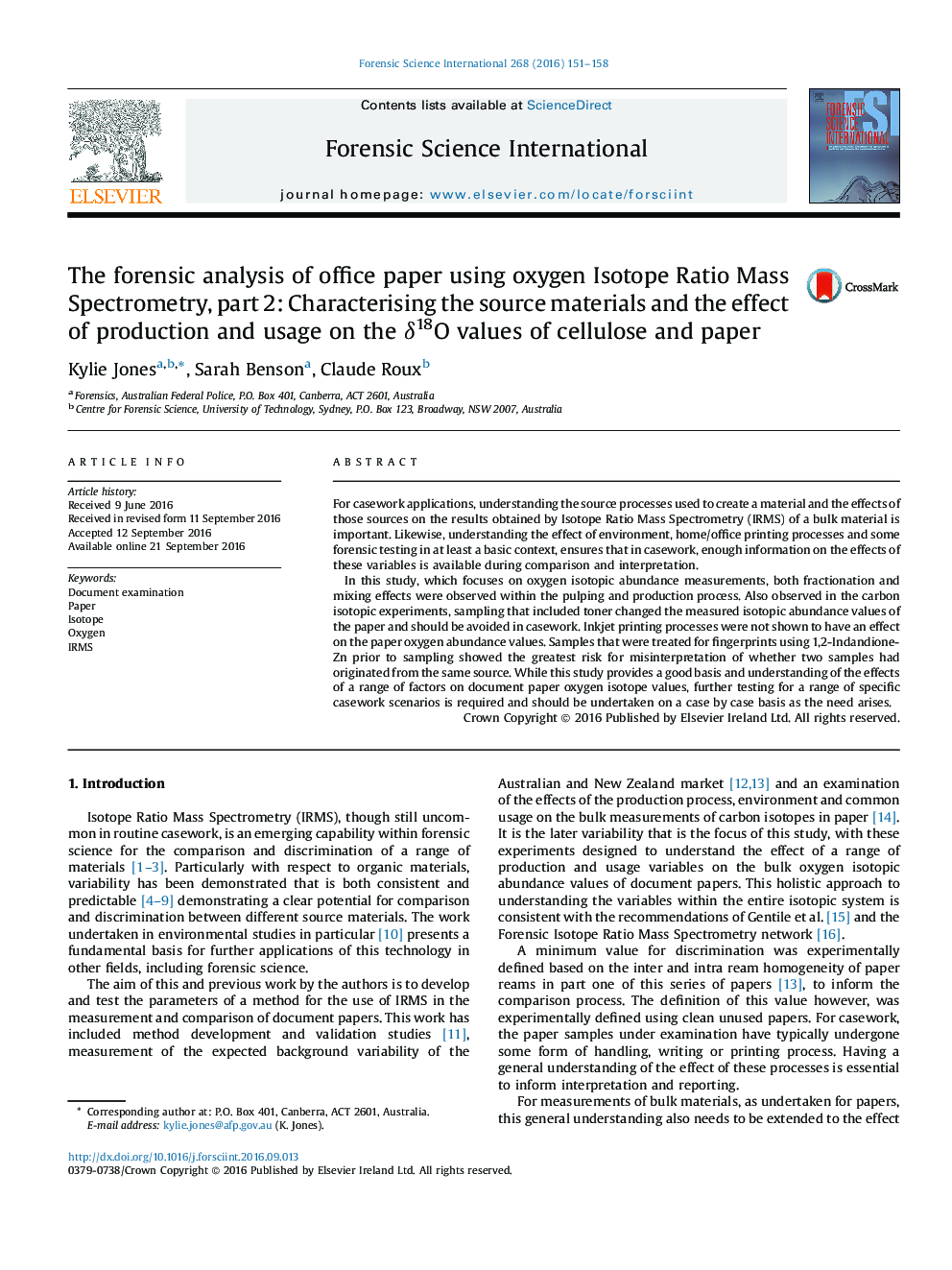 The forensic analysis of office paper using oxygen Isotope Ratio Mass Spectrometry, part 2: Characterising the source materials and the effect of production and usage on the Î´18O values of cellulose and paper