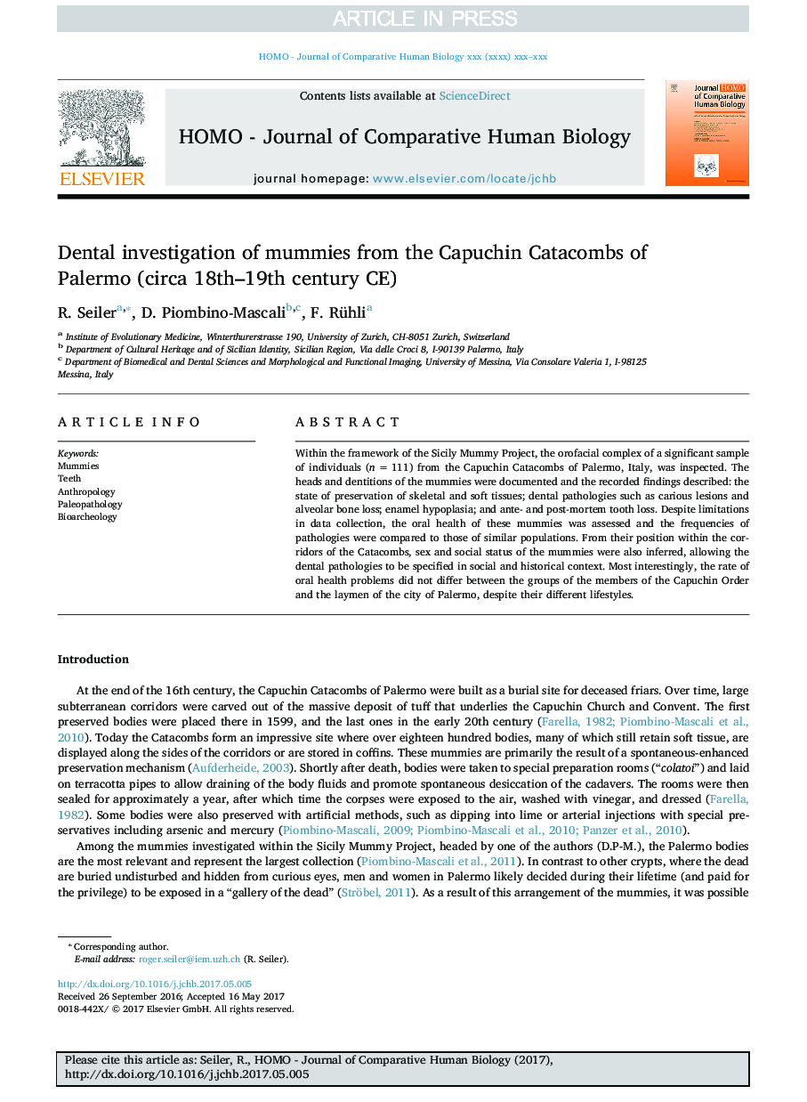 Dental investigation of mummies from the Capuchin Catacombs of Palermo (circa 18th-19th century CE)