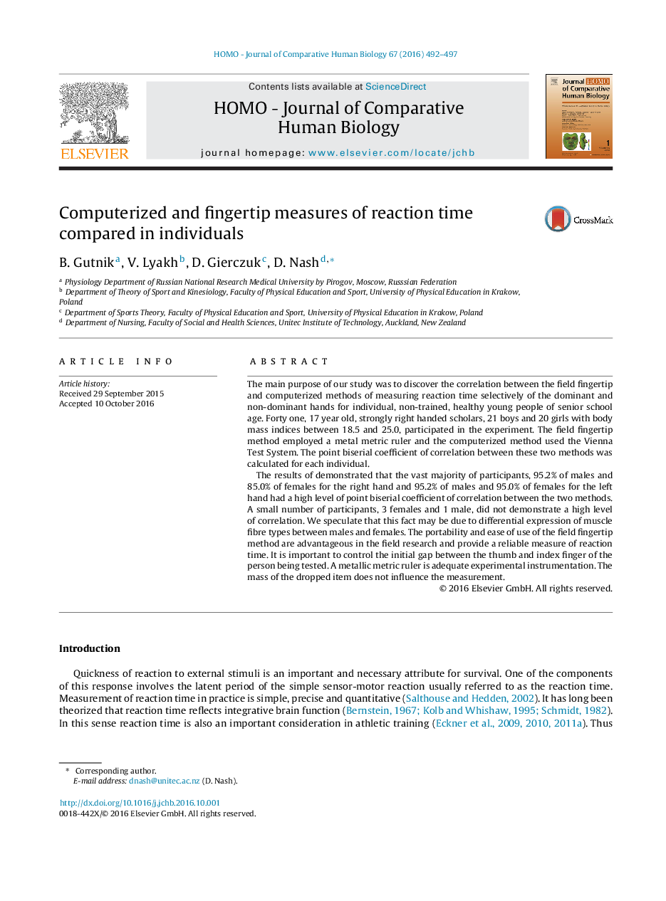 Computerized and fingertip measures of reaction time compared in individuals