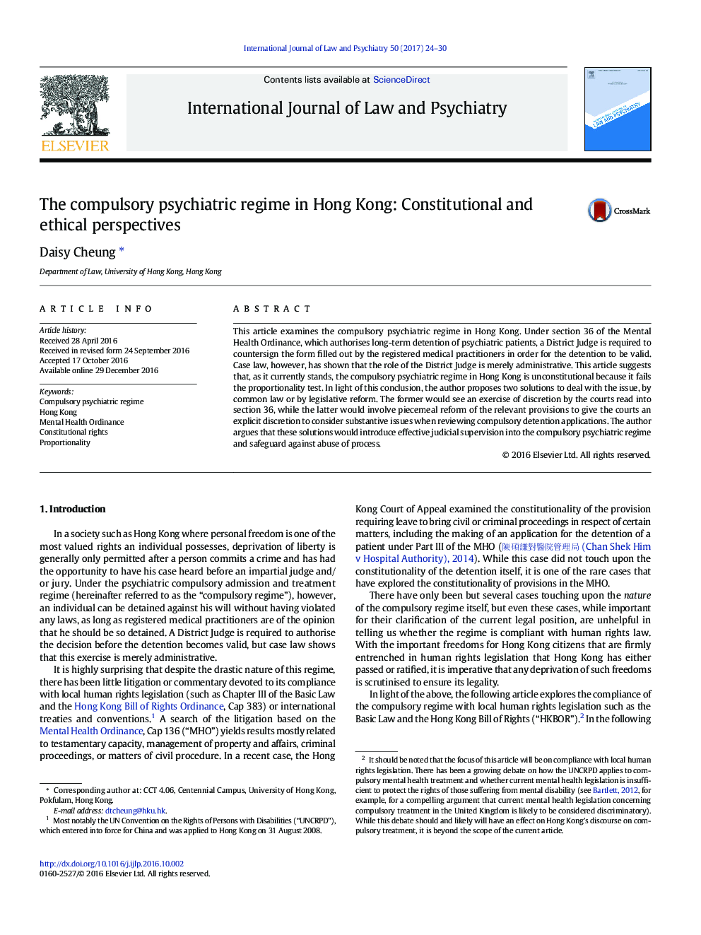 The compulsory psychiatric regime in Hong Kong: Constitutional and ethical perspectives