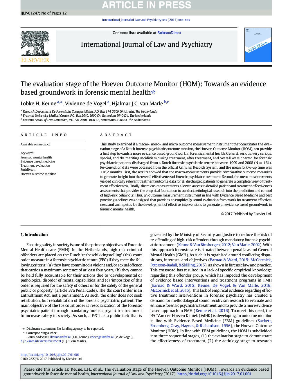 The evaluation stage of the Hoeven Outcome Monitor (HOM): Towards an evidence based groundwork in forensic mental health