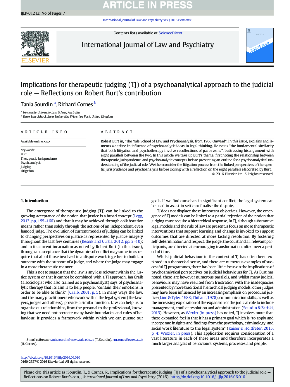 Implications for therapeutic judging (TJ) of a psychoanalytical approach to the judicial role - Reflections on Robert Burt's contribution