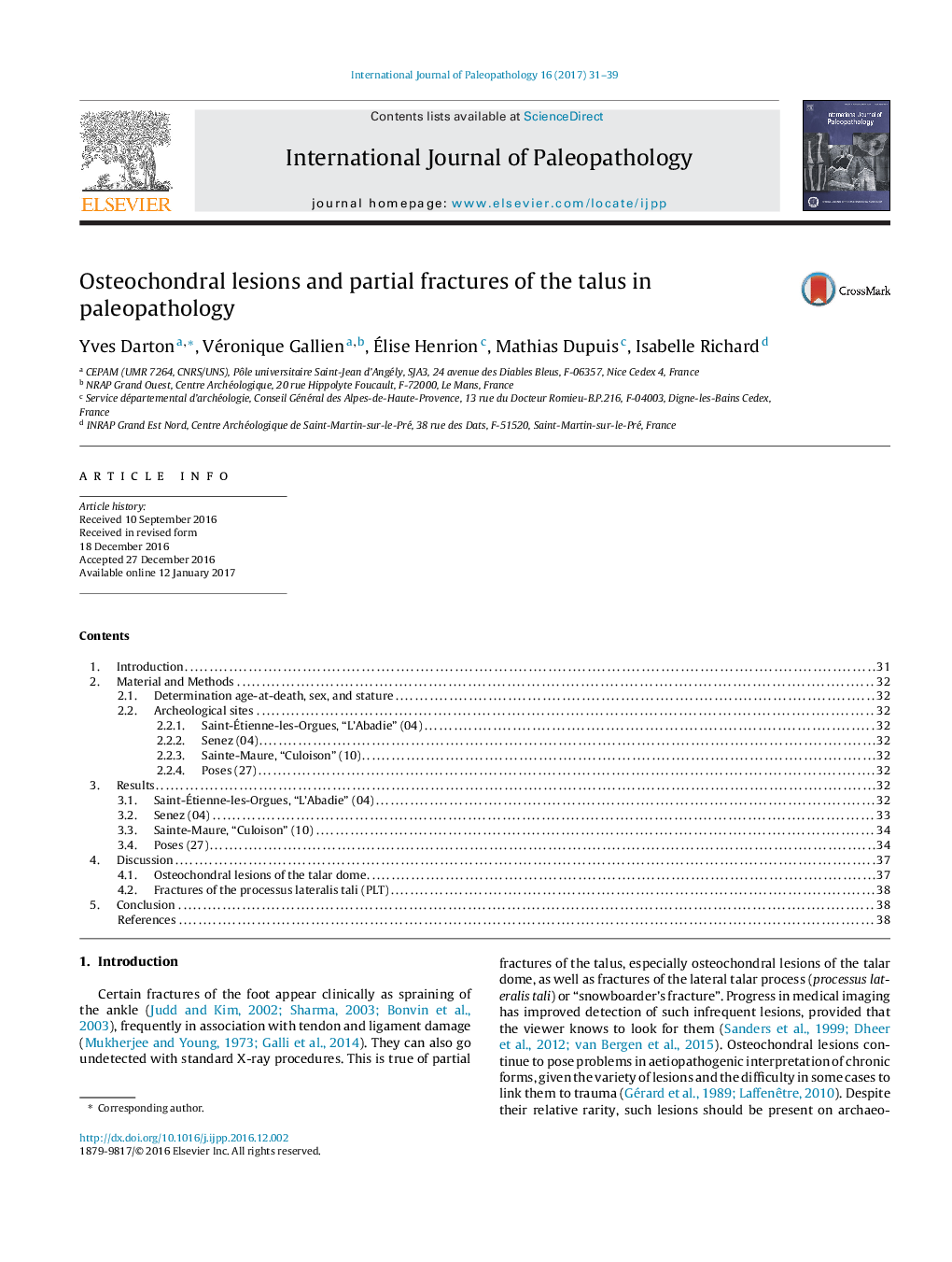 Osteochondral lesions and partial fractures of the talus in paleopathology